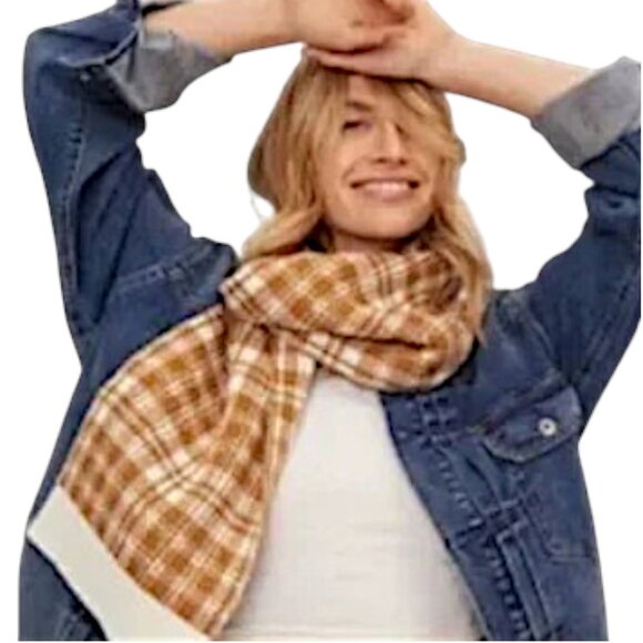 Timberland Plaid Knit Scarf Tan Beige White Acrylic Warm Winter Unisex Fashion - Picture 9 of 9